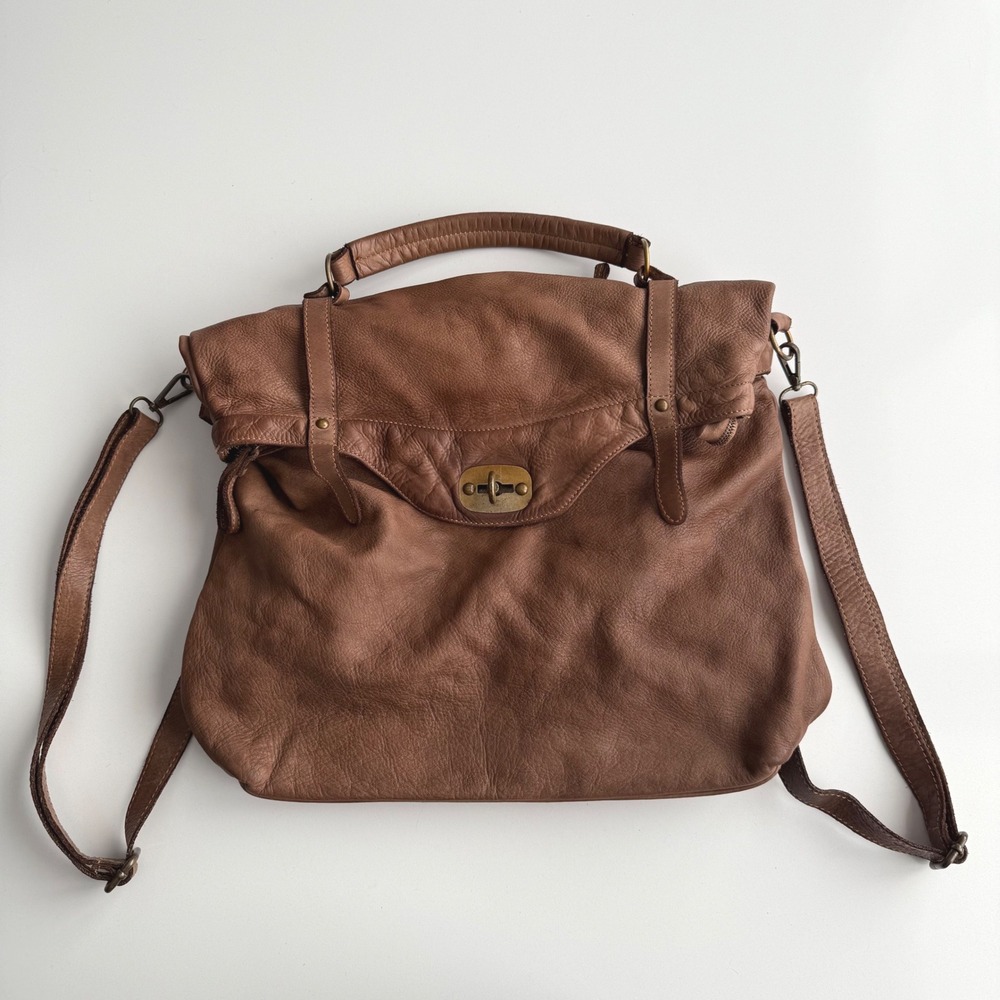 Bayside Italian Leather Large Soft Brown Leather Turnlock Cotton Lined Backpack